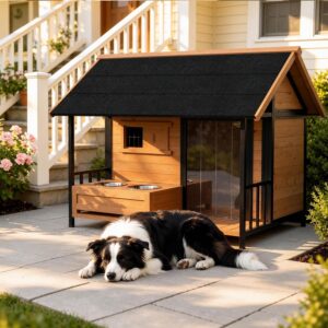 43″ Large Wooden Dog House with Porch & Dog Bowls for Large Dogs