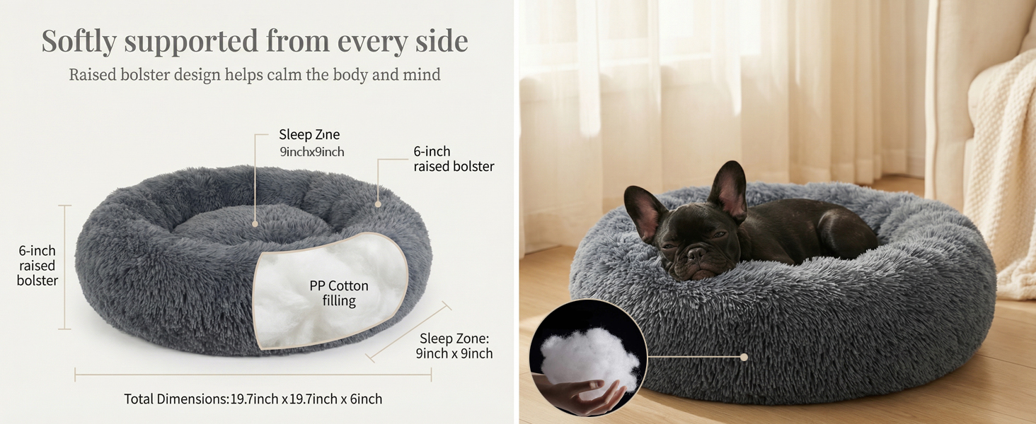 donut dog bed structure with raised edge and soft padded center