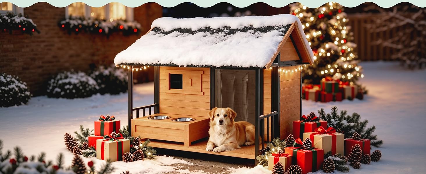 outdoor dog house with bowl