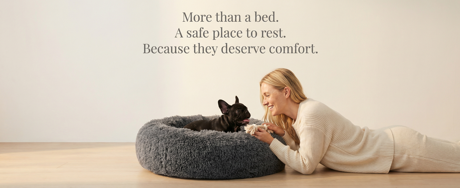 small dog relaxing on soft calming donut dog bed in cozy home environment