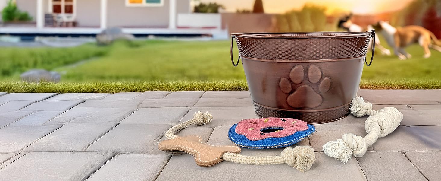Metal dog toy box with paw print design, plus dog chew toys for aggressive chewers.