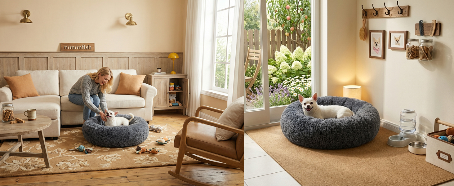 round dog bed used in home crate and indoor pet spaces