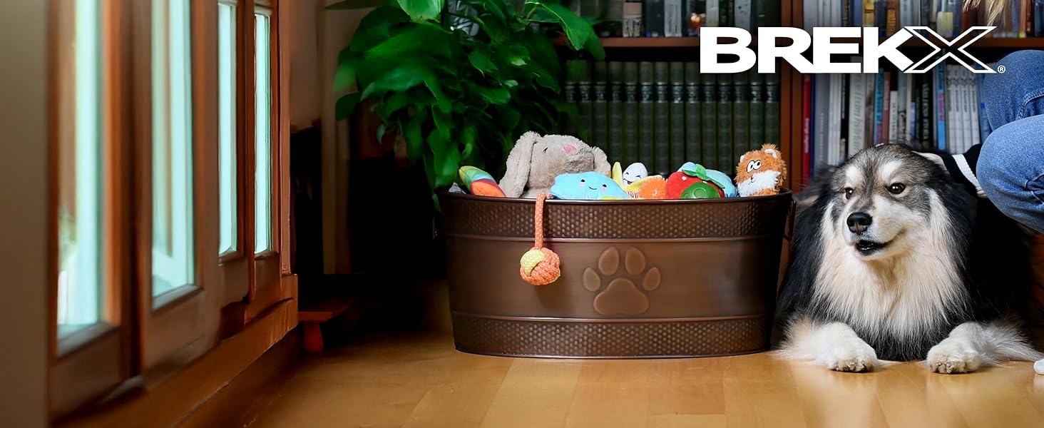 Large metal dog toy bin to store pet toys made of steel for long-lasting durability.