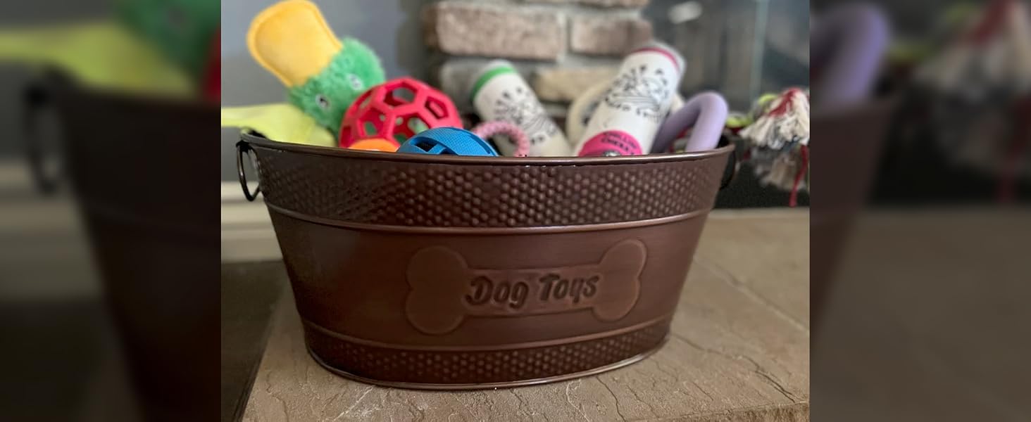 Metal dog basket for toys with embossed dog toys bone on front and back.