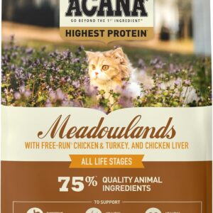 ACANA Grain-Free Dry Cat Food Meadowlands Chicken Turkey Fish and, 4lb Bag | Grain Free, High Protein, Includes Probiotics, Digestive Health, Free-Run Poultry, World's Finest Ingredients