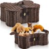 Barydat 2 Set Large Small Dog Toy Basket with Lid Bone Shaped Basket for Dog Natural Wicker Woven Handmade Pet Puppy Toy Organizer and Storage Box Bin for Cats(Wicker,Dark Brown)