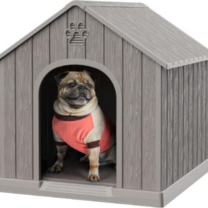 Bifanuo Dog House Outdoor Indoor, Plastic Small Dog House-Weatherproof Design with Air Vents & Elevated Floor for Small to Medium Dogs, Easy Clean and Assemble (Grey, 26.18″ L x 24.03″ W x 25.98″ H)