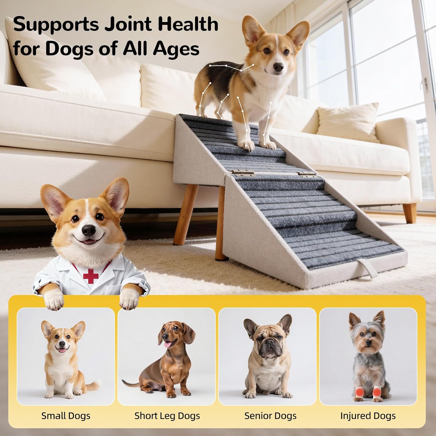Dog Stairs for Small Dogs, 2-in-1 Foldable Pet Ramp and Ottoman, 17.13" H - Image 2