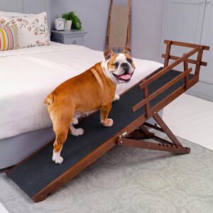 Dog ramp for Bed – PRIORPET Birchwood Adjustable Ramp for Dogs to Get on Bed: Dog ramps for High Beds up to 37 Inches – Foldable Ramp, Anti-Slip Grip & Safety Rails, Small Dogs Up to 120lbs – Walnut