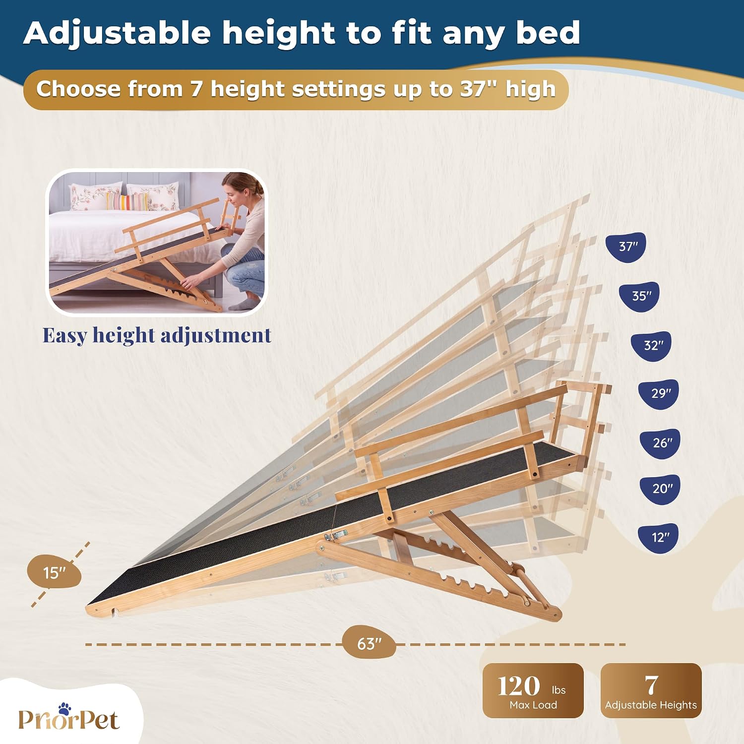 Dog ramp for Bed - PRIORPET Birchwood Adjustable Ramp for Dogs to Get on Bed: Dog ramps for High Beds up to 37 Inches – Foldable Ramp, Anti-Slip Grip & Safety Rails, Small Dogs Up to 120lbs – Natural - Image 2