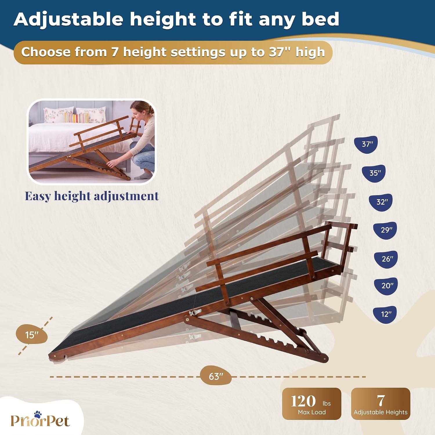 Dog ramp for Bed - PRIORPET Birchwood Adjustable Ramp for Dogs to Get on Bed: Dog ramps for High Beds up to 37 Inches – Foldable Ramp, Anti-Slip Grip & Safety Rails, Small Dogs Up to 120lbs – Walnut - Image 2