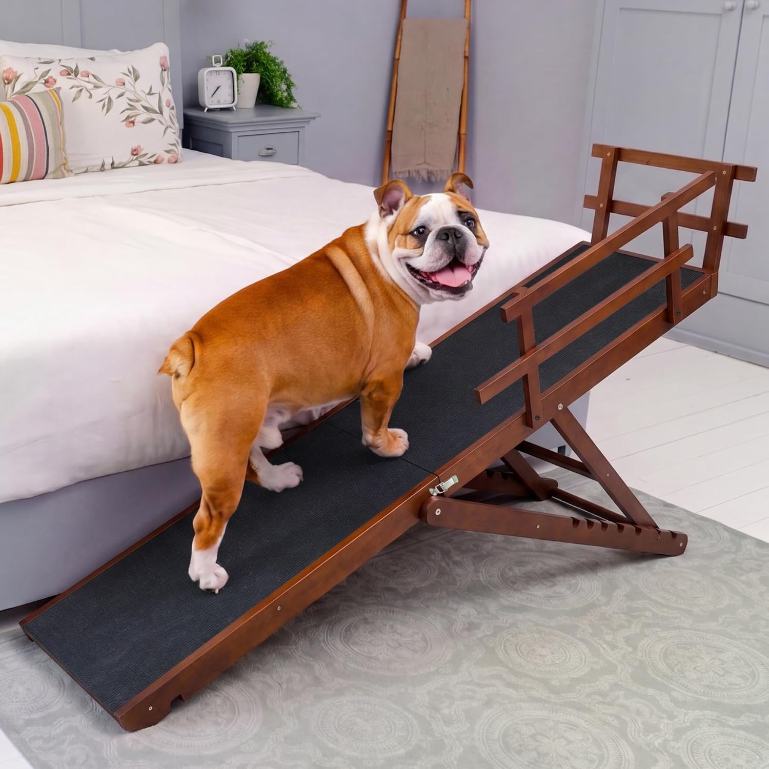 Dog ramp for Bed - PRIORPET Birchwood Adjustable Ramp for Dogs to Get on Bed: Dog ramps for High Beds up to 37 Inches – Foldable Ramp, Anti-Slip Grip & Safety Rails, Small Dogs Up to 120lbs – Walnut