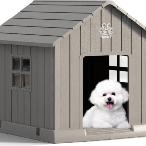 Fancyango Dog House Outdoor Indoor – Waterproof, Ventilated, Easy to Clean, Elevated Floor for Small-Medium Dogs, Easy to Assemble (Grey, 31″ L x 33.3″ W x 33.5″ H)