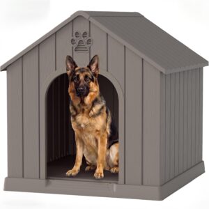Fancyango Large Dog House for Medium to Large Dogs – Sturdy Waterproof Doghouse for Indoor/Outdoor Use with Air Vents and Elevated Floor Easy to Clean and Assemble (Classic Grey, 36.2″L × 38″W × 38″H)