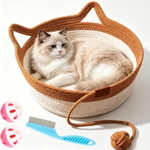 Instinct Basket for Cats, 35/40/46cm Stimuli Handwoven Cat Basket Bed with Cat Ear Handles, Cotton Rope Cat Basket Bed Ball Rope, Indoor Use for All Cats