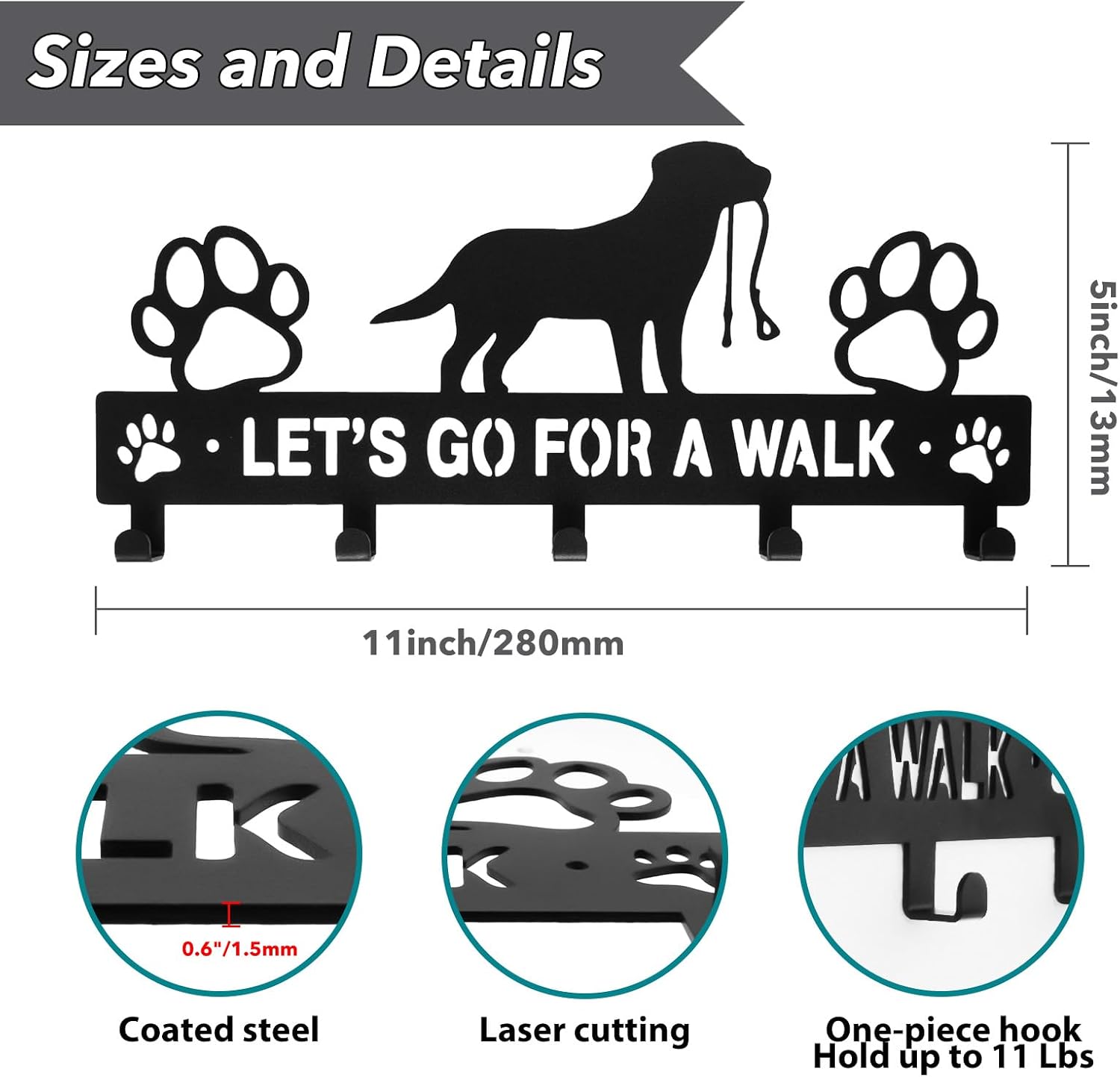 Iron Dog Leash Holder for Wall with 5-Hooks, Doorway Dog Hooks, Dog Accessory Holder - Image 2