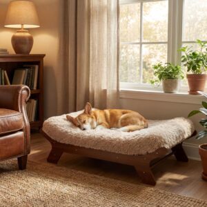 Muihood Elevated Wood Dog Bed Frame with Foam Mattress, WalnutPattern, M