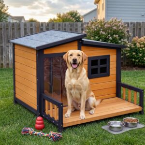 RUNSHED Insulated Outdoor Dog House for Small and Medium-Sized Dogs, Weatherproof Wooden Shelter with Elevated Floor & Ventilation, Easy Assembly (39.3” L x 37.5” W x 30” H)
