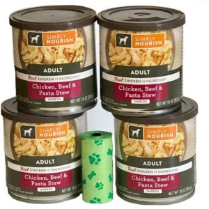 Simply Nourish Adult Dog 4-10 ounce Cans. Chicken, Beef & Pasta Stew Shreds Plus Dog Waste Bag.