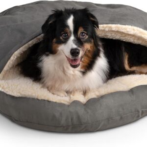 Snoozer Cozy Cave Dog Bed – Indoor Dog Bed with Cover Cave, Covered Calming Burrow for Small & Medium Sized Pets with Blanket Attached, Enclosed, Removable Washable Cover – Large, Anthracite
