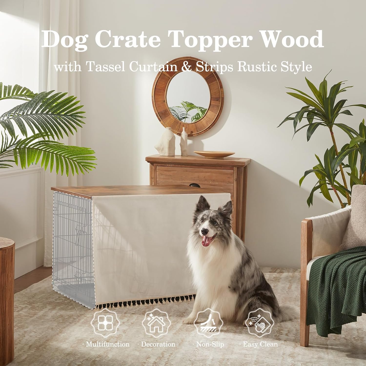 VIE DE AMAN Dog Crate Topper Wood with Tassel Curtain for 36 inch Crate - Image 2