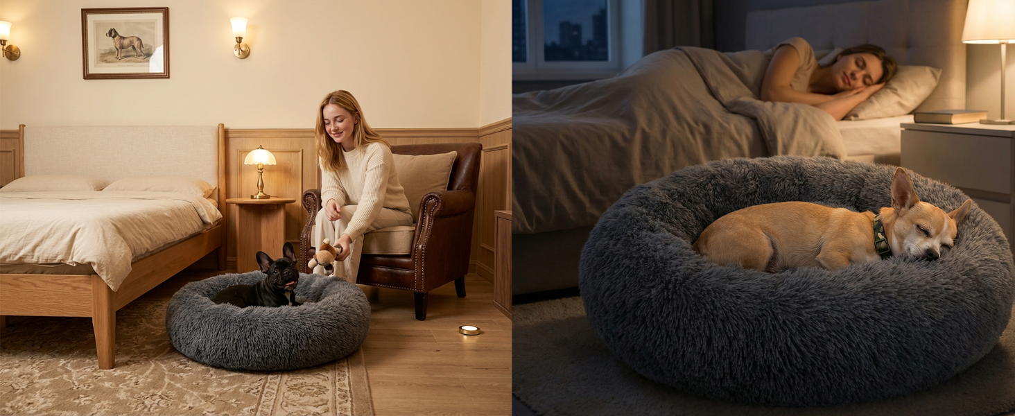 round dog bed used in home crate and indoor pet spaces