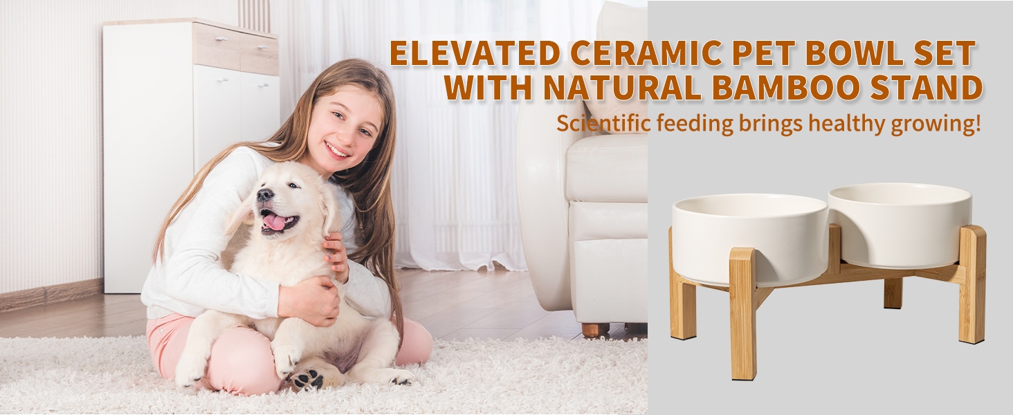 Safe and Stable Ceramics Heavy Dog Bowl Set with Non-Slip Bamboo Stand