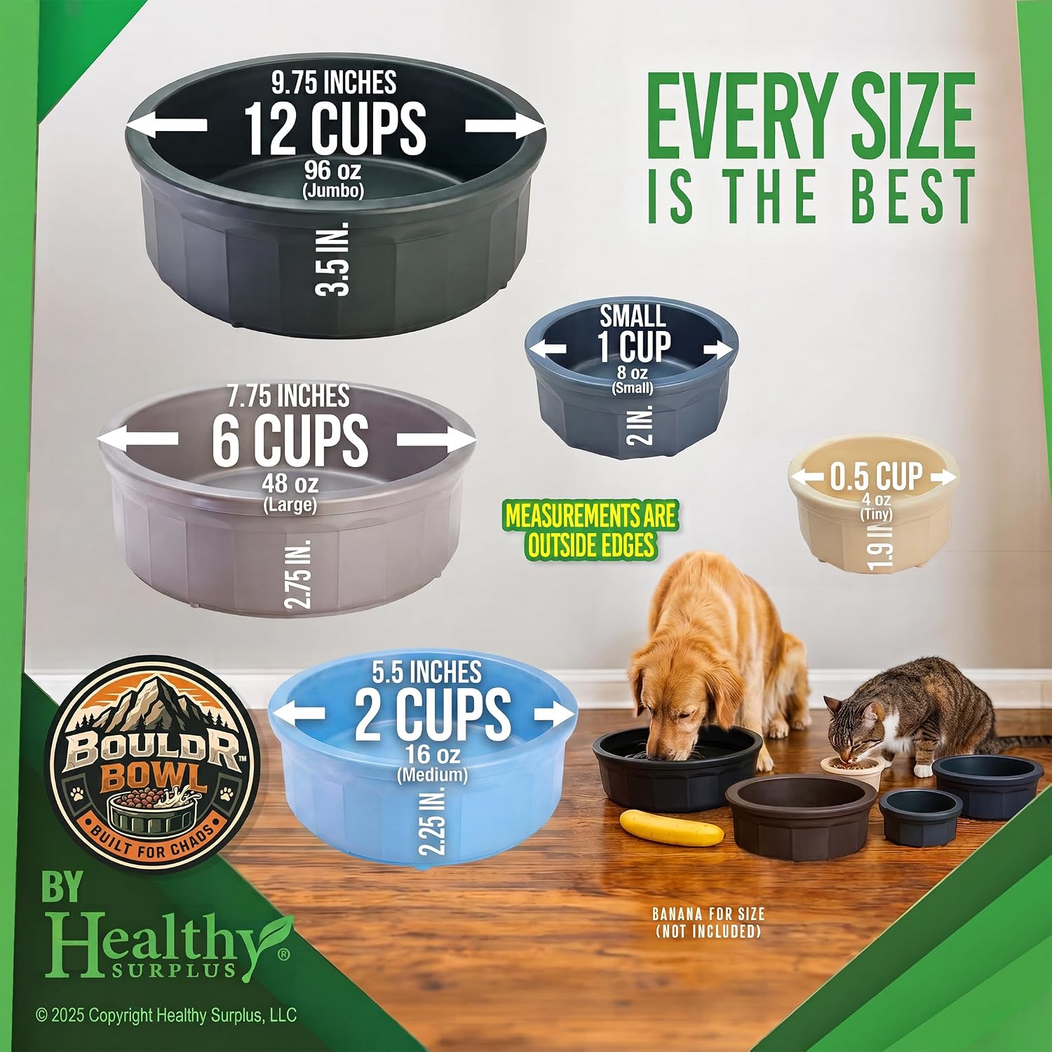 Pet Crock Bowl - 2 Pack – Thick Durable Plastic (Green, 48oz Large) Non-Tip Food & Water Dish for Dogs, Cats - Indoor/Outdoor - Chew Resistant, Easy Clean BouldrBowl by Healthy Surplus® - Image 4