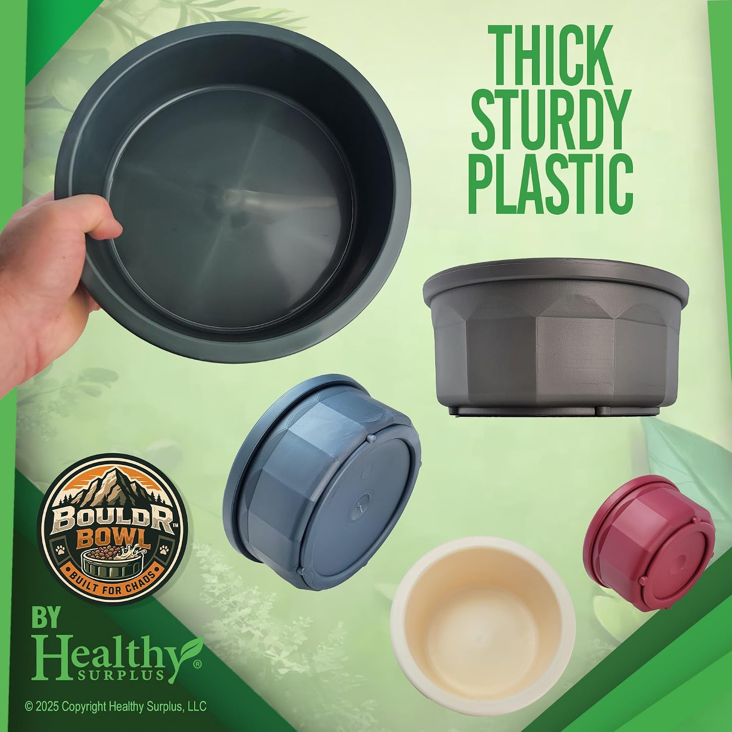 Pet Crock Bowl - 2 Pack – Thick Durable Plastic (Green, 48oz Large) Non-Tip Food & Water Dish for Dogs, Cats - Indoor/Outdoor - Chew Resistant, Easy Clean BouldrBowl by Healthy Surplus® - Image 6