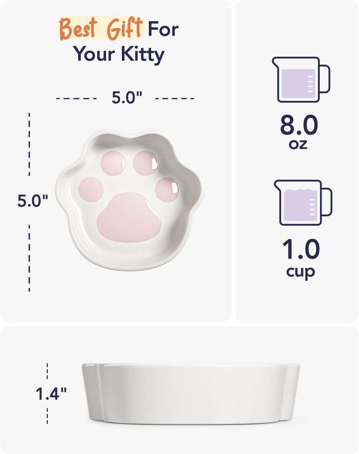 LE TAUCI Cat Food Bowl Ceramic, 8 oz Small Shallow for Indoor Kitten,Relief Whisker Fatigue Cute Paw Design Pet Dish with Slow Feed Function - Image 4
