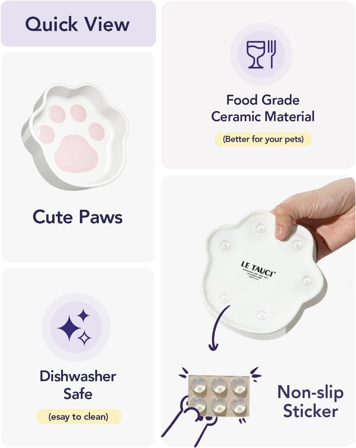 LE TAUCI Cat Food Bowl Ceramic, 8 oz Small Shallow for Indoor Kitten,Relief Whisker Fatigue Cute Paw Design Pet Dish with Slow Feed Function - Image 5