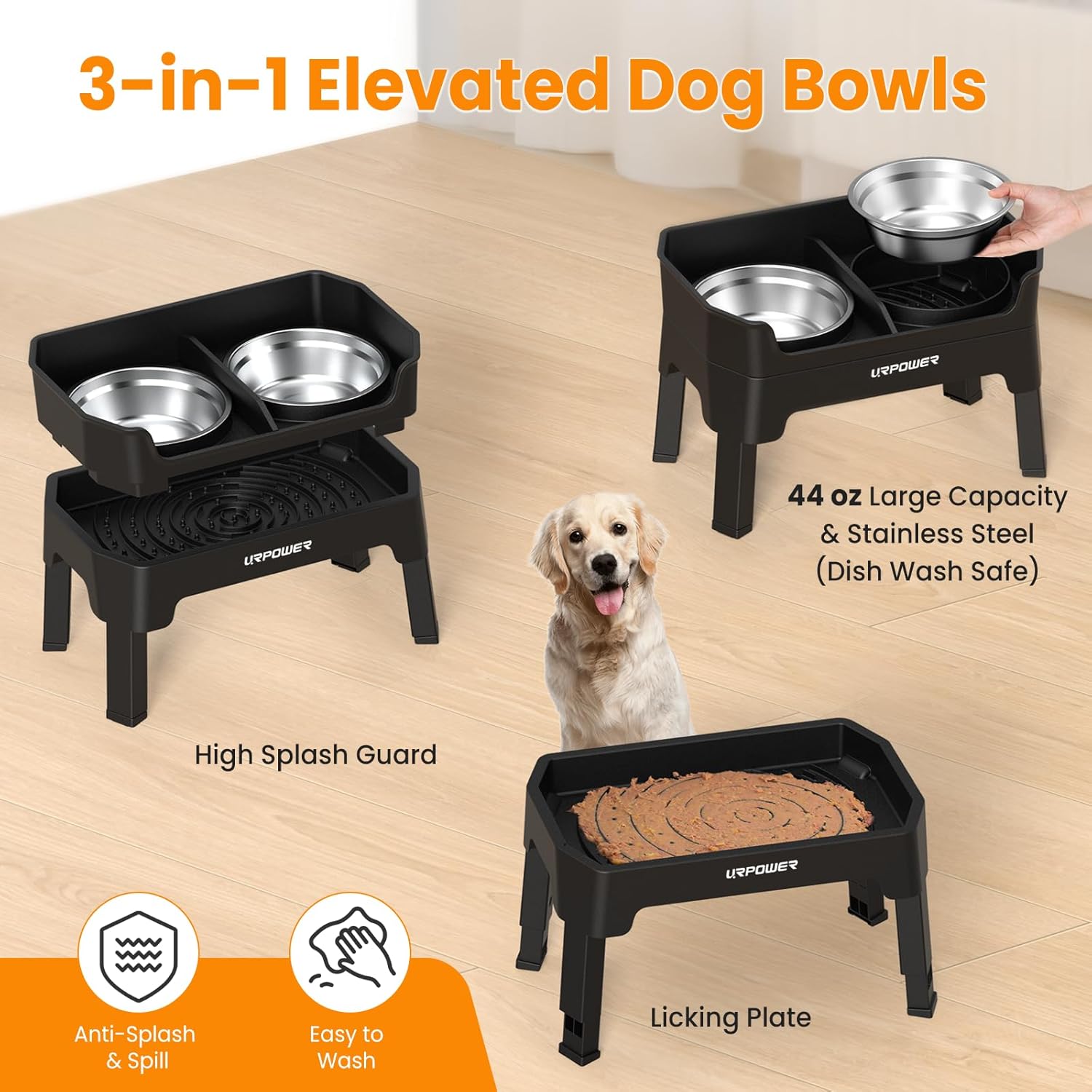 URPOWER Elevated Dog Bowls, 3-in-1 Double Deck Raised Dog Bowl Stand - Image 4