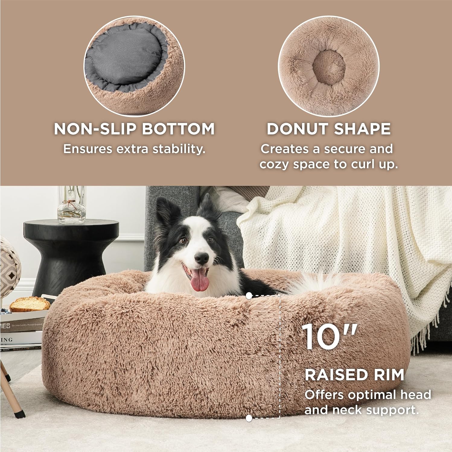 Bedsure Calming Dog Beds Large Sized Dog Donut Washable Pet Bed,36ins Camel - Image 3