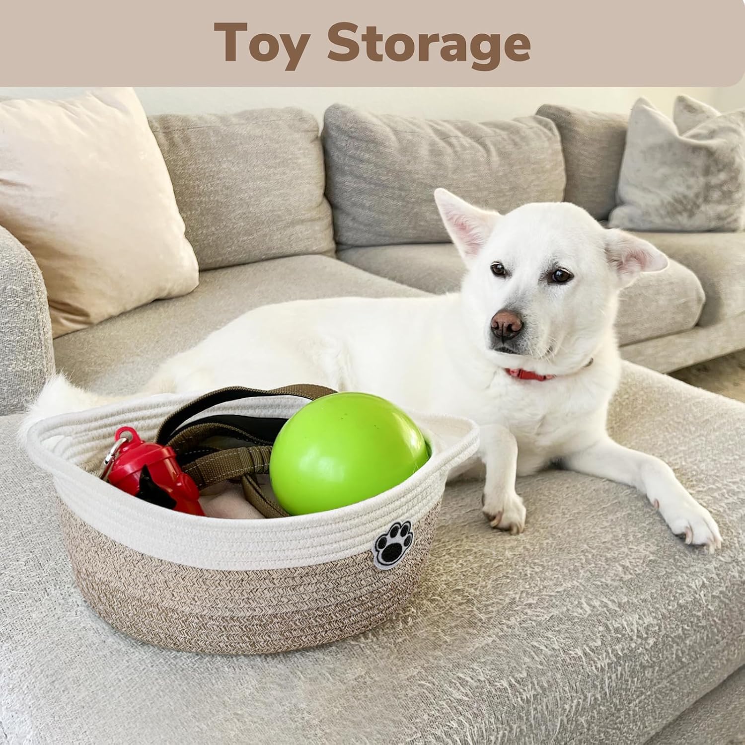 Woven Rope Dog Toy Basket with Paw Print, Mixed Brown - Image 2