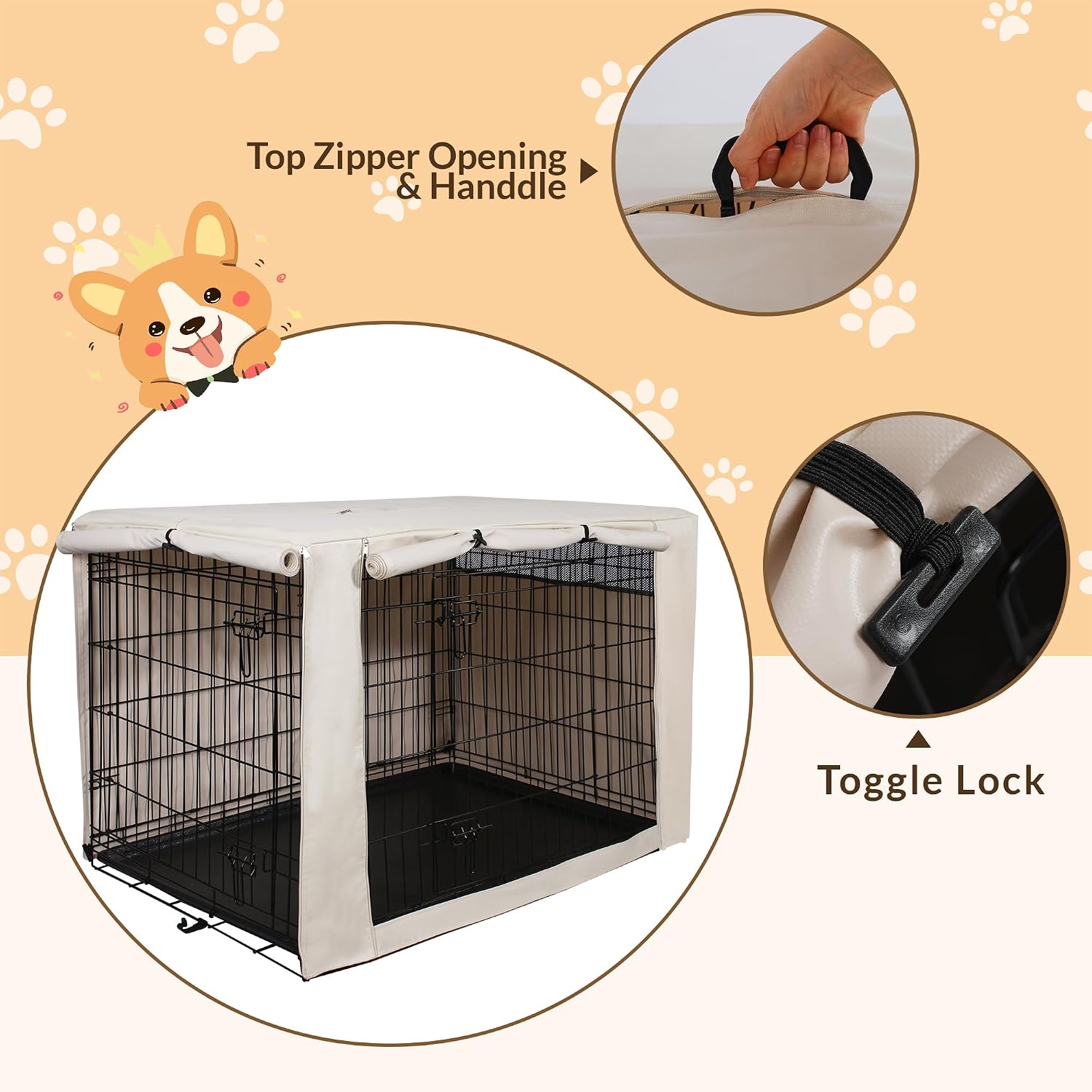 HiCaptain 30-Inch Dog Crate Cover with Mesh, Waterproof Kennel Cover, Beige - Image 6