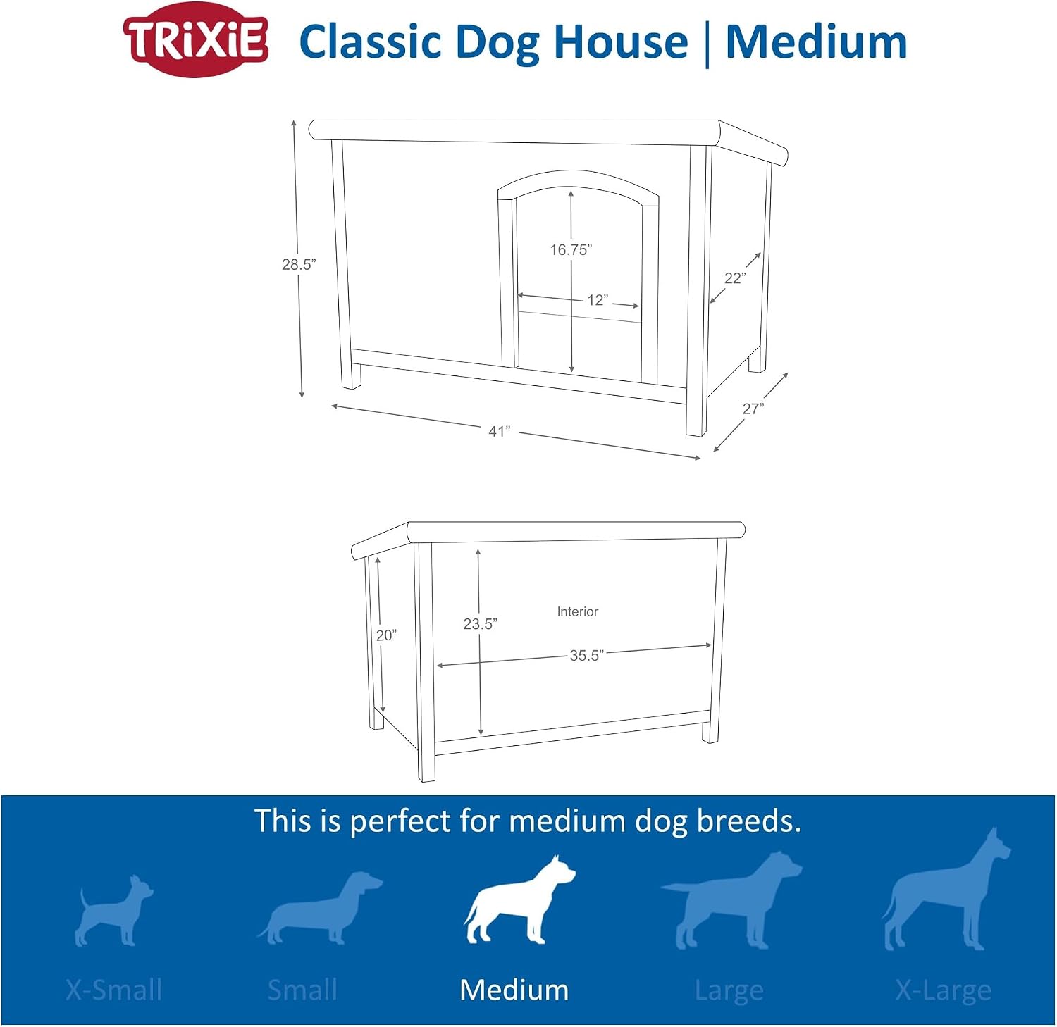 Trixie Natura Classic Dog House - Wooden Outdoor Shelter with Weatherproof Sealer, Hinged Roof & Adjustable Legs for Medium Dogs - Gray - 27 x 41 x 28.5 in - Image 3