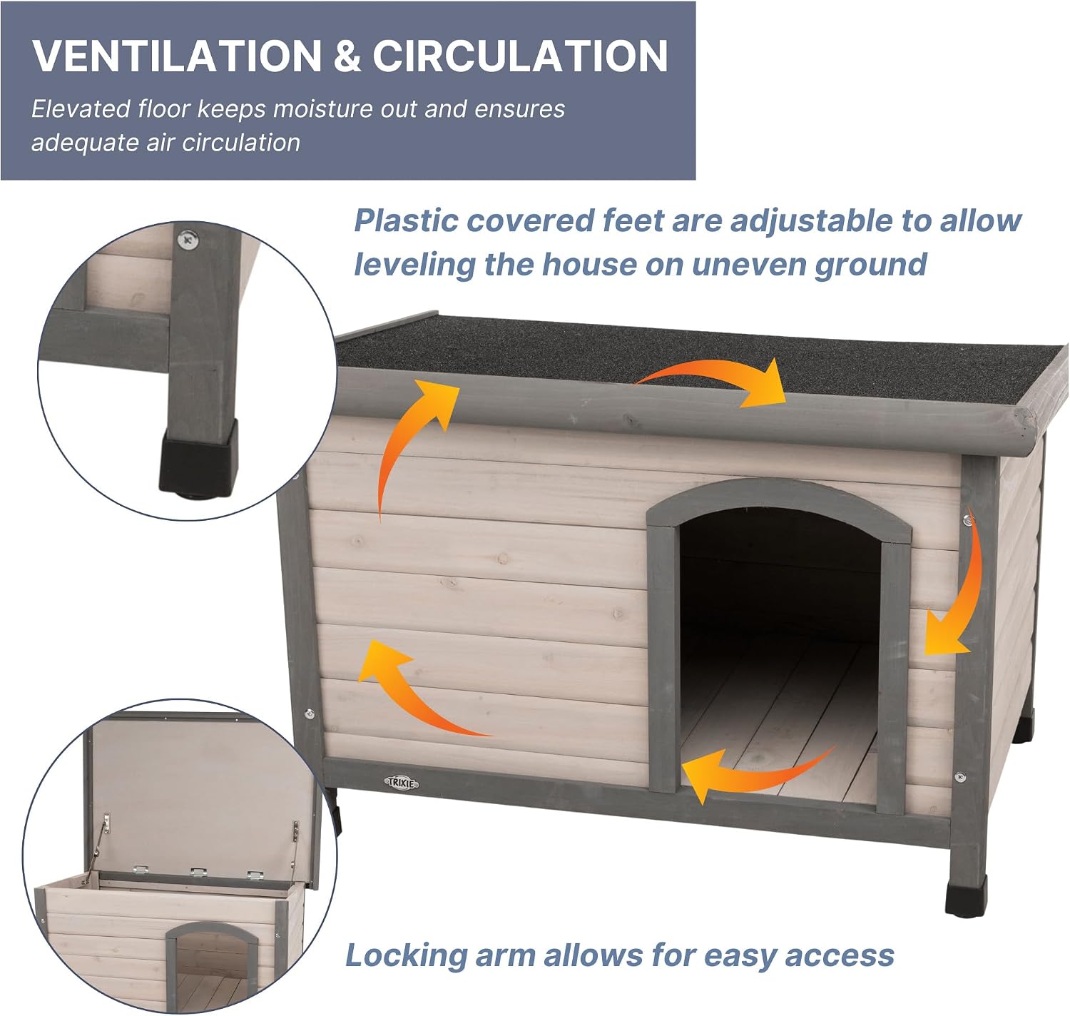 Trixie Natura Classic Dog House - Wooden Outdoor Shelter with Weatherproof Sealer, Hinged Roof & Adjustable Legs for Medium Dogs - Gray - 27 x 41 x 28.5 in - Image 5