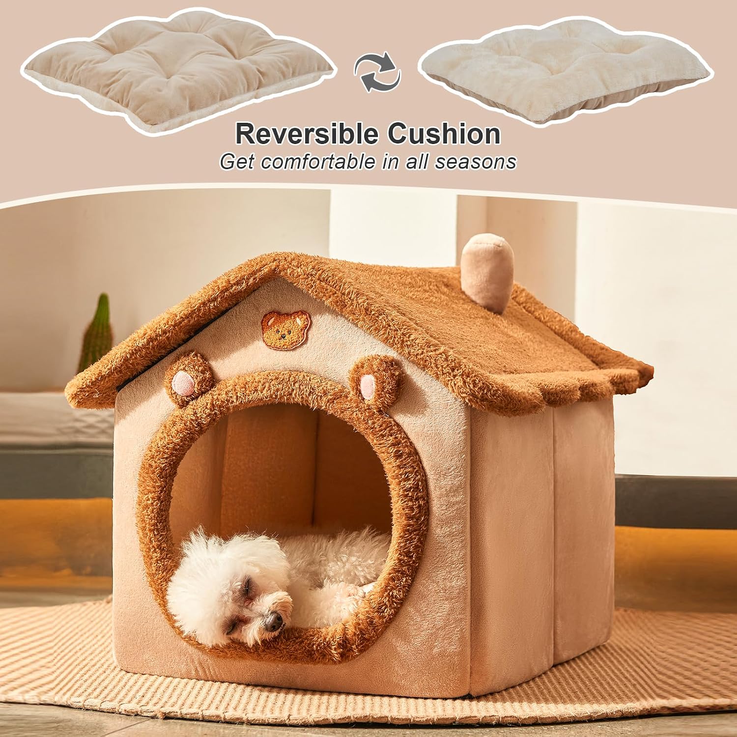 Dog House Dog Bed with Cover Cave with Non-Slip Bottom,Brown - Image 7