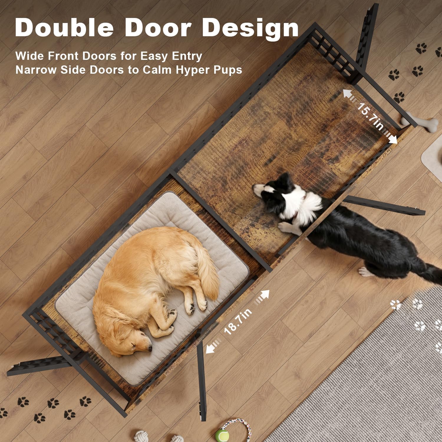 88" Double Dog Crate Furniture for Medium/Large Dogs, Wood - Image 3