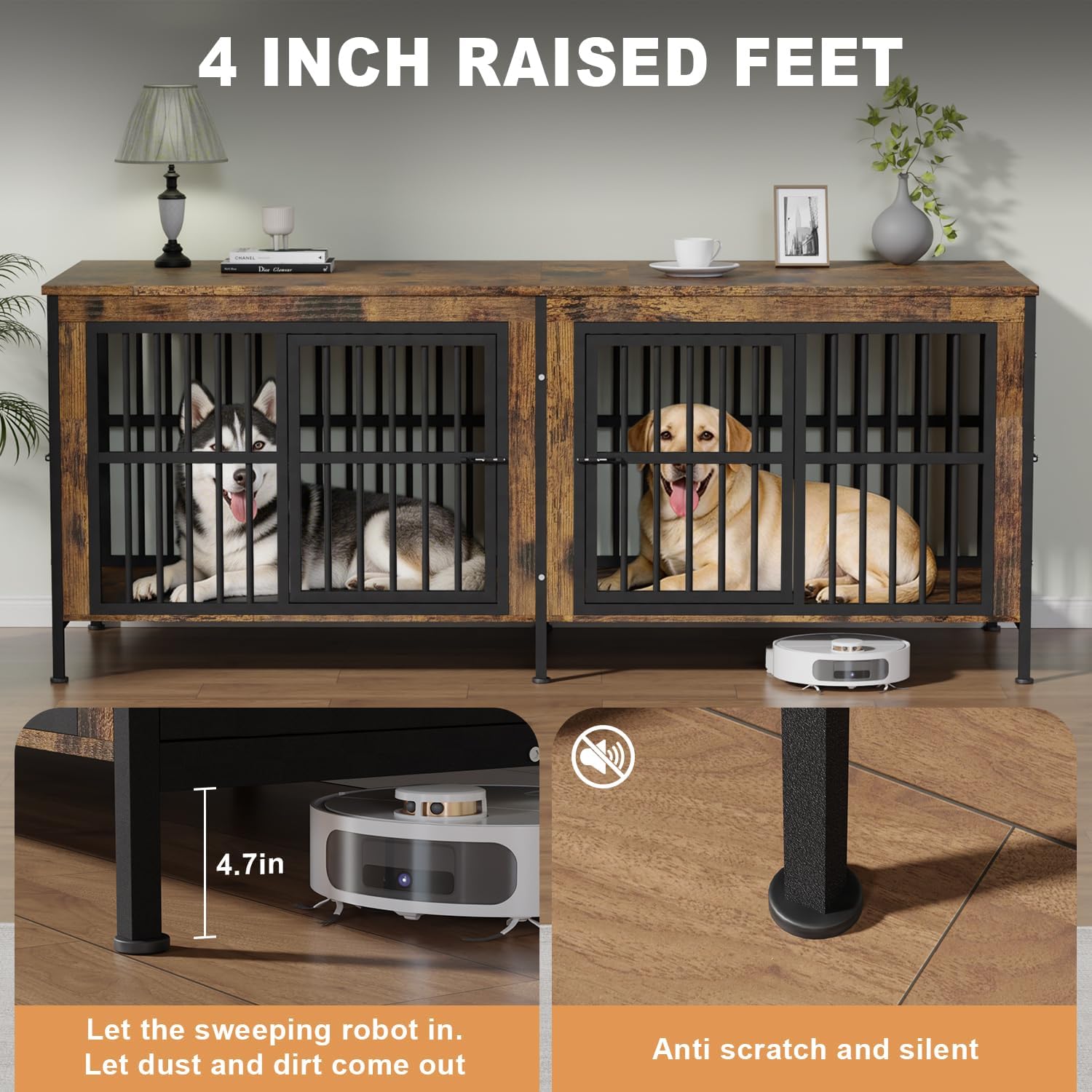 88" Double Dog Crate Furniture for Medium/Large Dogs, Wood - Image 4