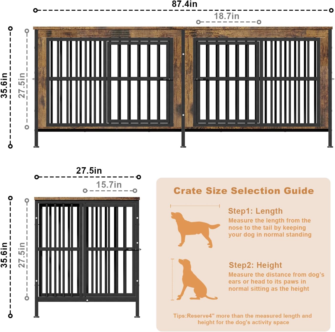 88" Double Dog Crate Furniture for Medium/Large Dogs, Wood - Image 5