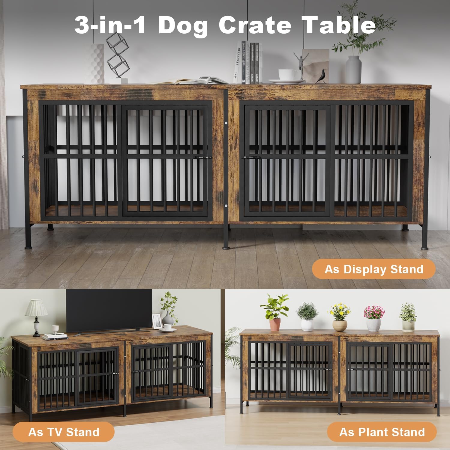 88" Double Dog Crate Furniture for Medium/Large Dogs, Wood - Image 6