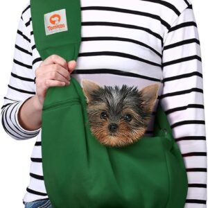 Tomkas Small Dog Cat Sling Carrier Puppy Purse Travel Wrap Soft Crossbody Pet Bag (Emerald Green, M – Zip Pocket & Adjust Strap)