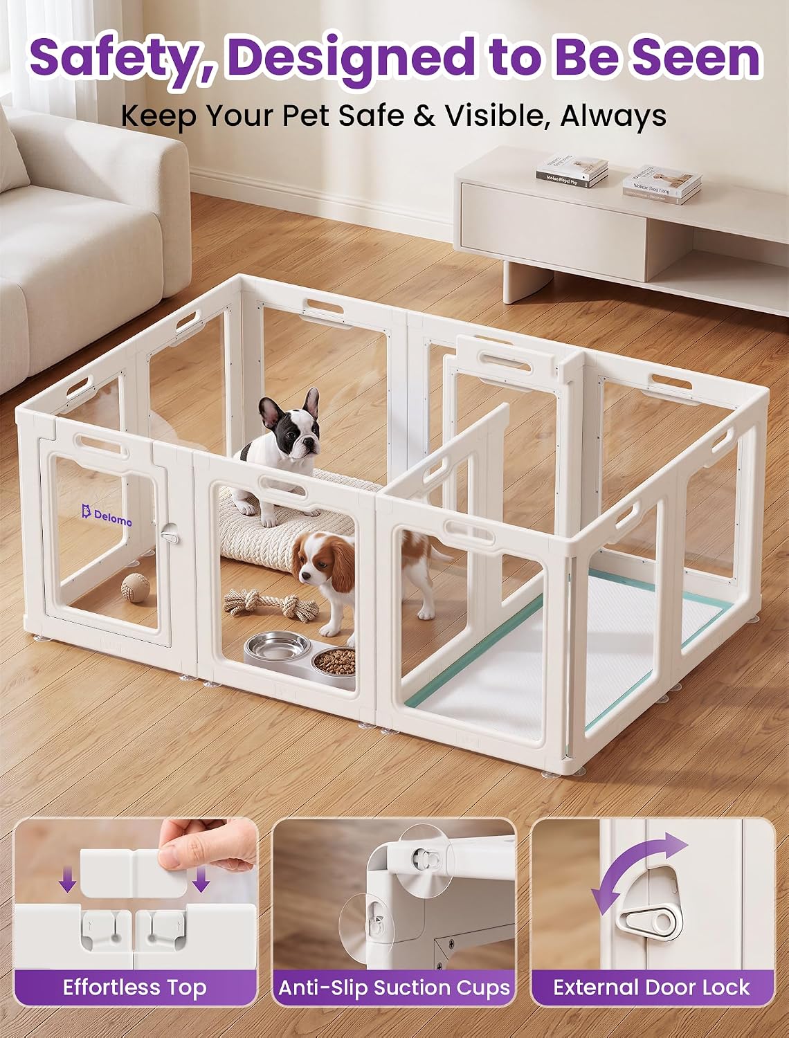 DELOMO Clear Acrylic Indoor Dog Playpen, 24" H 12-Panel with 2 Doors, White - Image 3