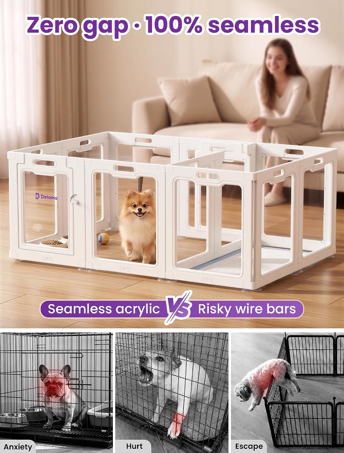 DELOMO Clear Acrylic Indoor Dog Playpen, 24" H 12-Panel with 2 Doors, White - Image 5