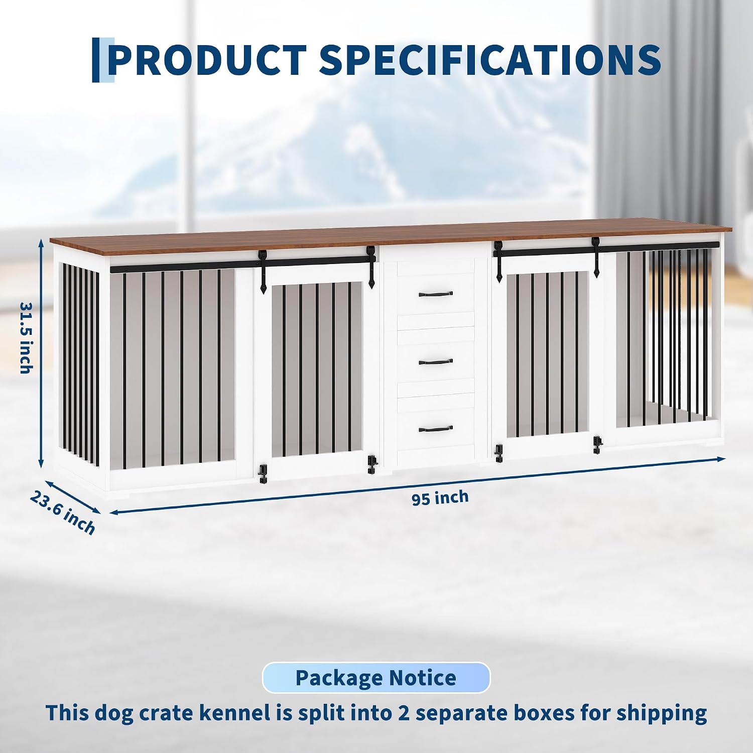 95" Large Dog Crate Furniture for 2 Dogs(White) - Image 2
