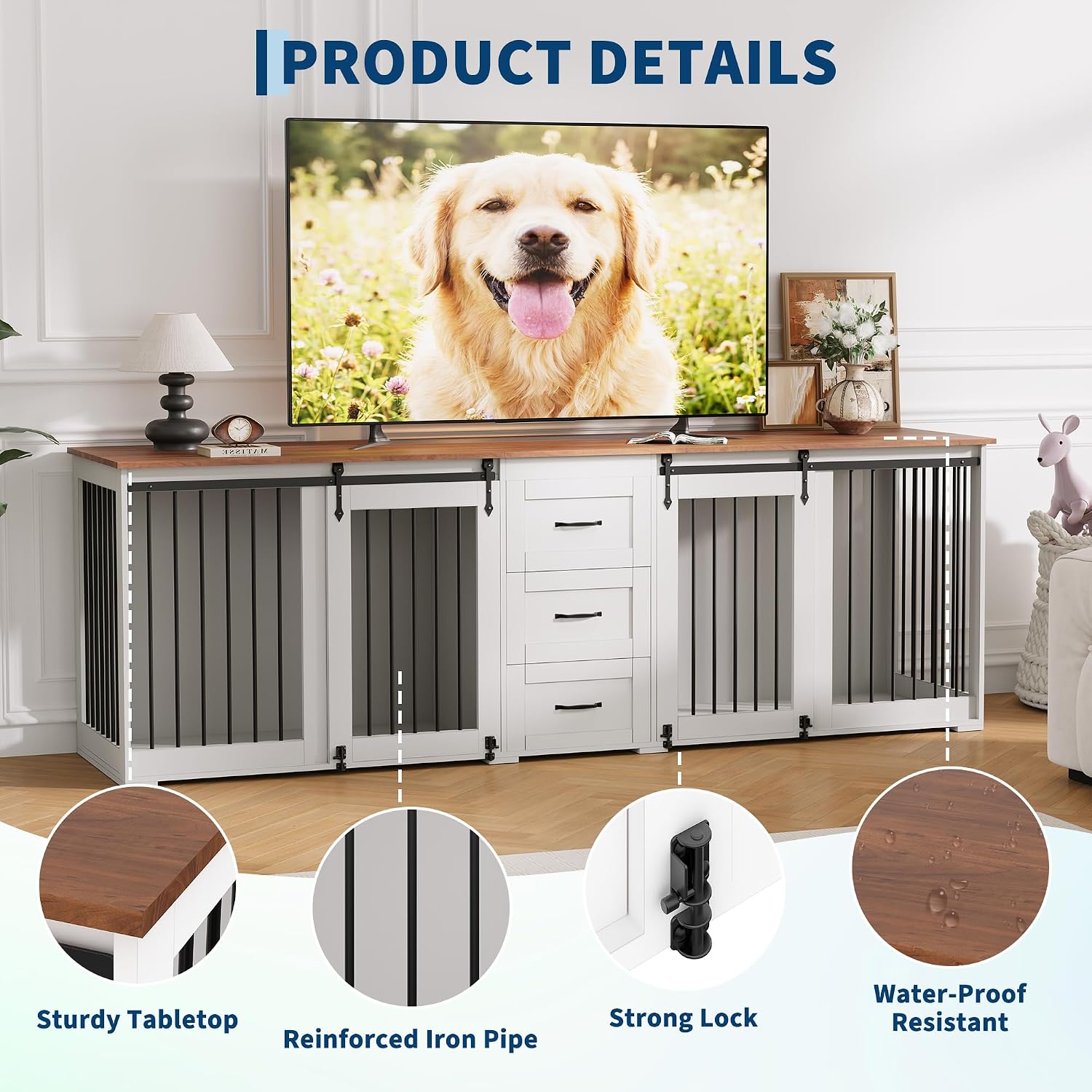 95" Large Dog Crate Furniture for 2 Dogs(White) - Image 5