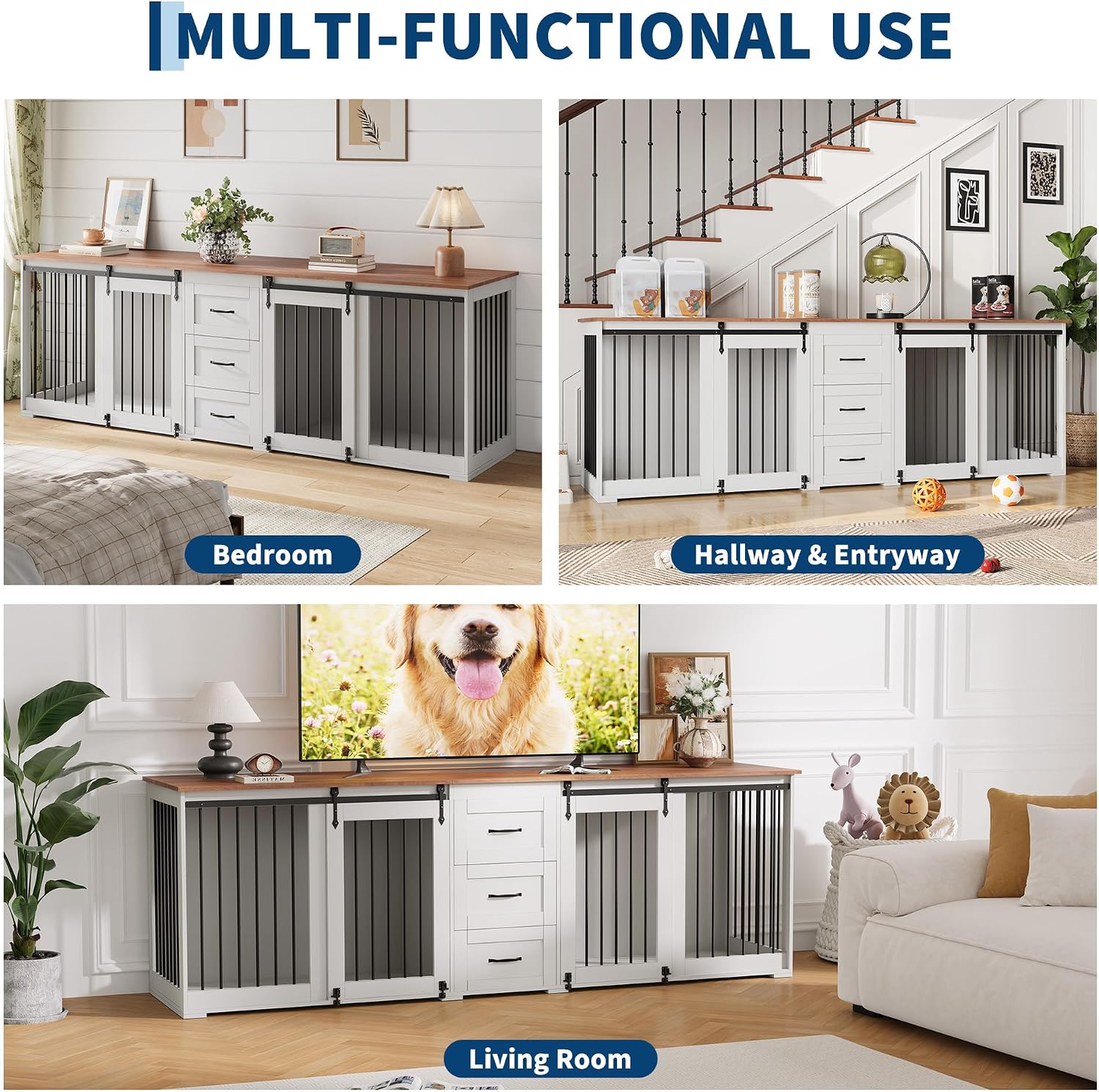 95" Large Dog Crate Furniture for 2 Dogs(White) - Image 6