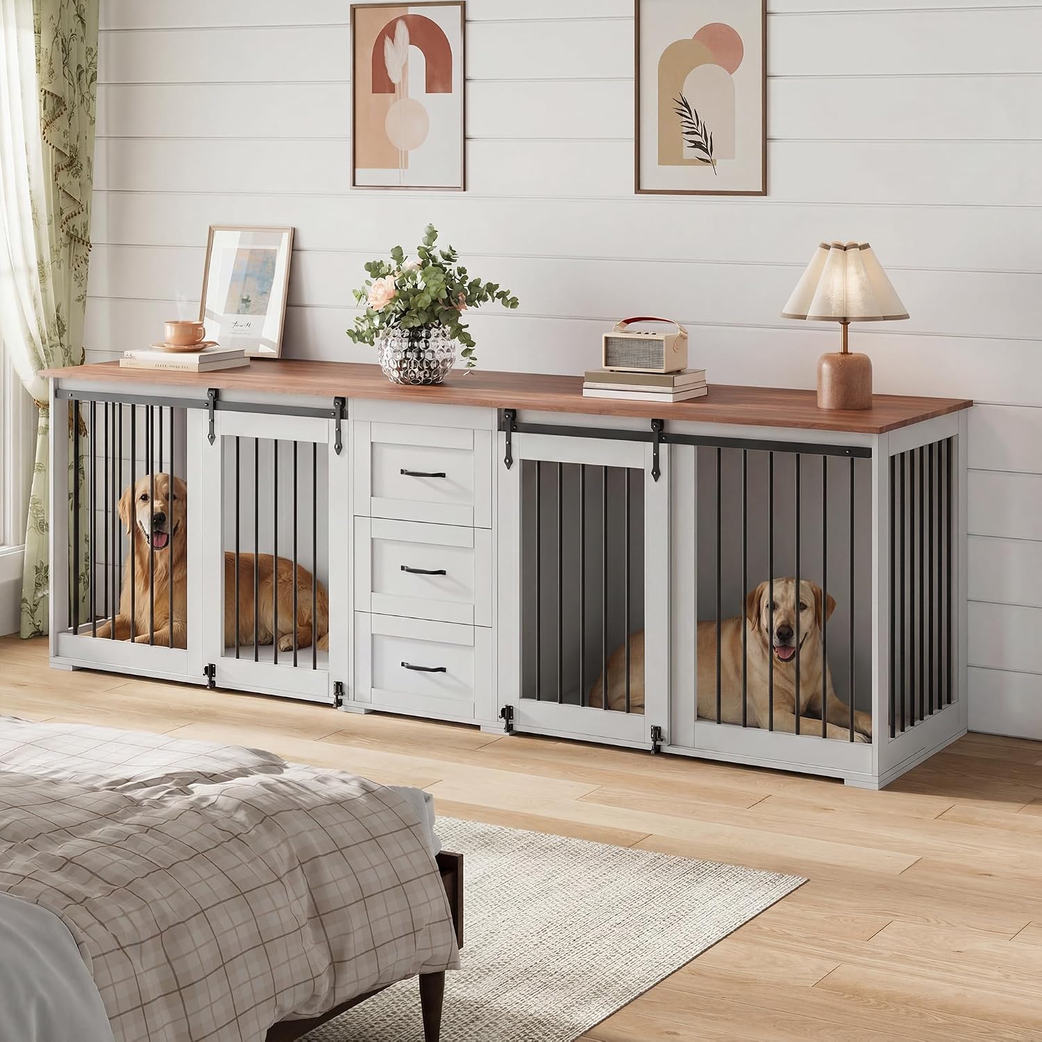 95" Large Dog Crate Furniture for 2 Dogs(White) - Image 8