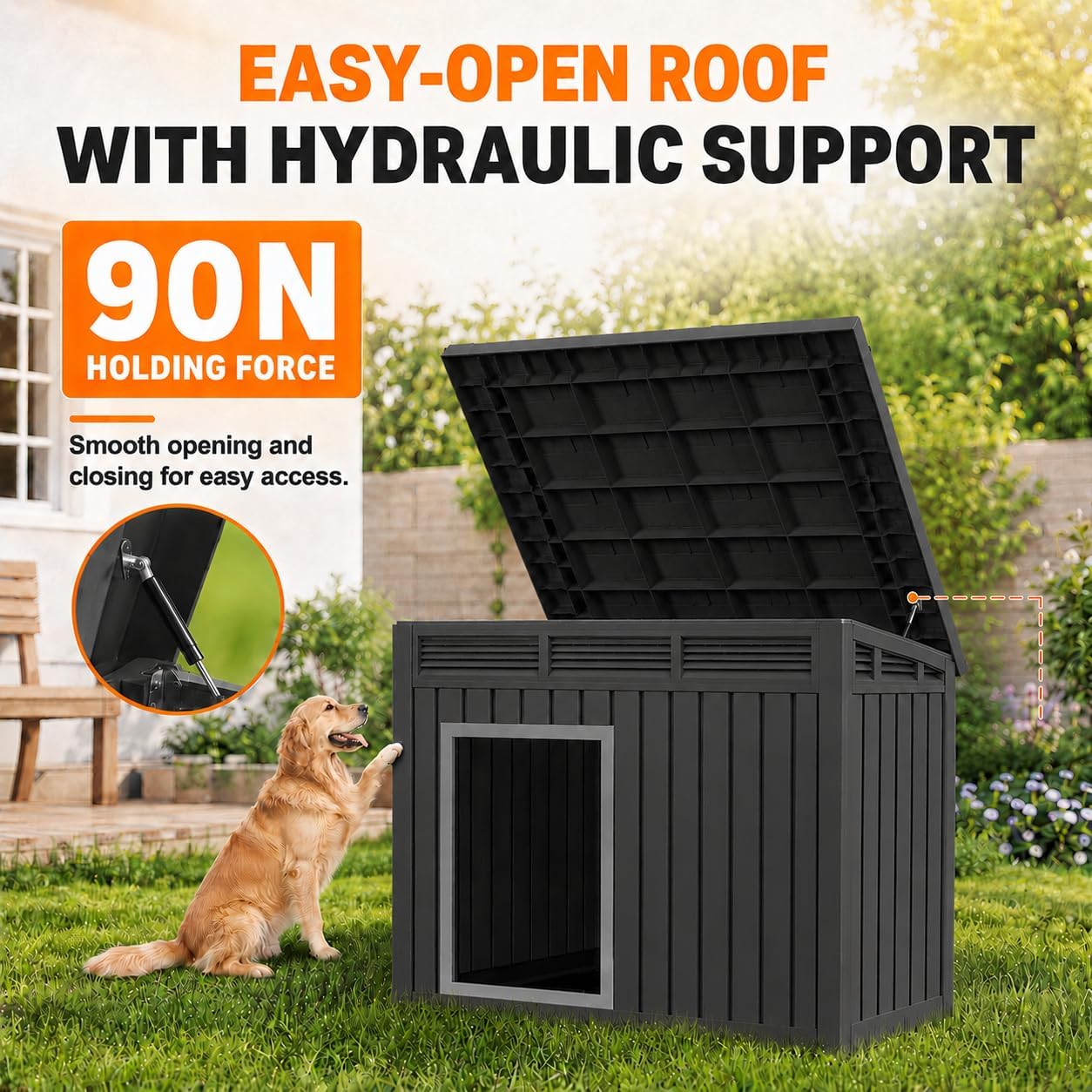 43" Outdoor Large Dog House with Weatherproof Roof Removable Floors, Faux Wooden Dog Shelter, Black - Image 3